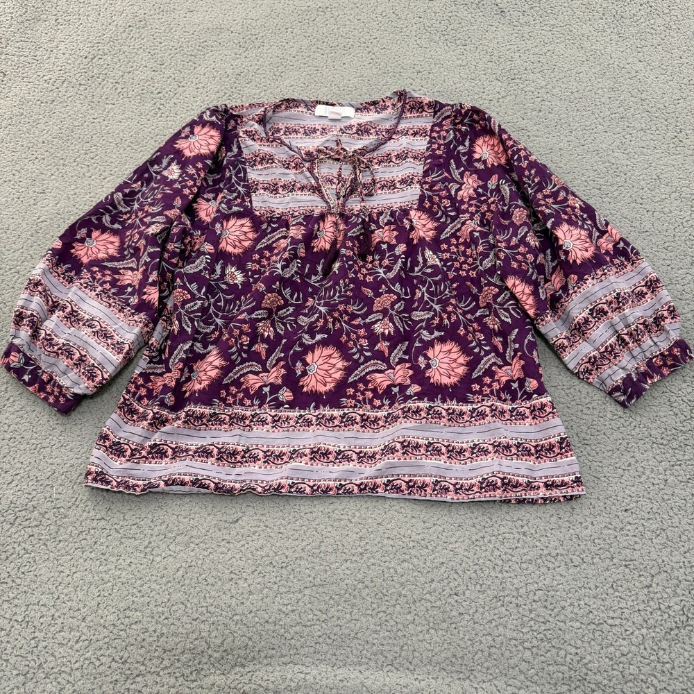 Bunulu Blouse Womens Purple Floral Boho Peasant Tassel Tie 3/4 Sleeve Large